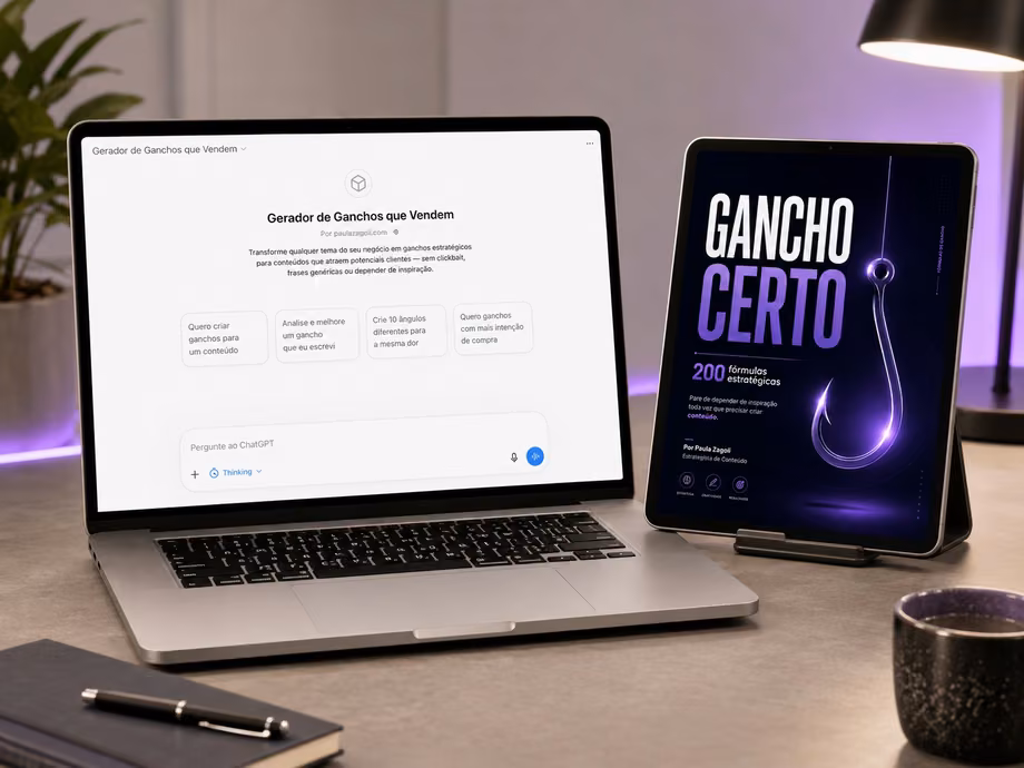 Capa do Gancho Certo em um tablet ao lado da tela do Gerador de Ganchos no ChatGPT